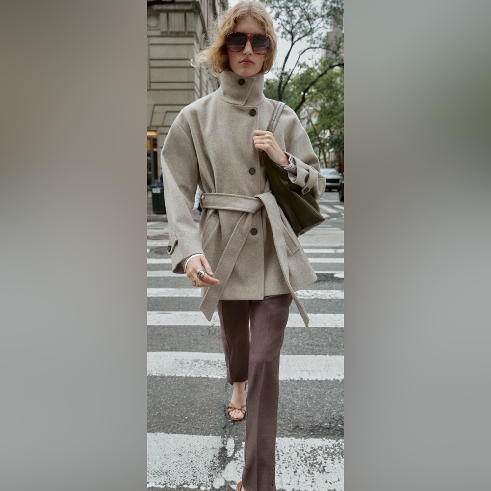 Zara Soft Double Position Collar Belted Coat XL Beige